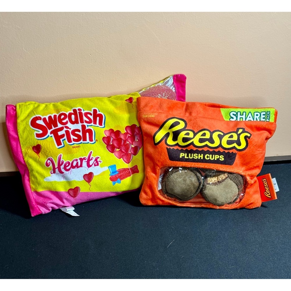 Swedish Fish Hearts and Reeses Plush Cups Candy Bag Toy Pillow 2pc Decor Bundle